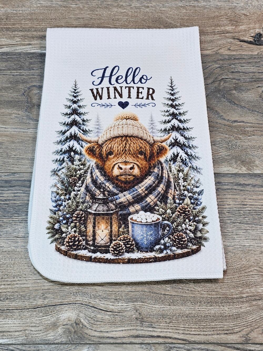 Hello Winter Highland Cow Kitchen Towel Snowy Farmhouse Winter Decor